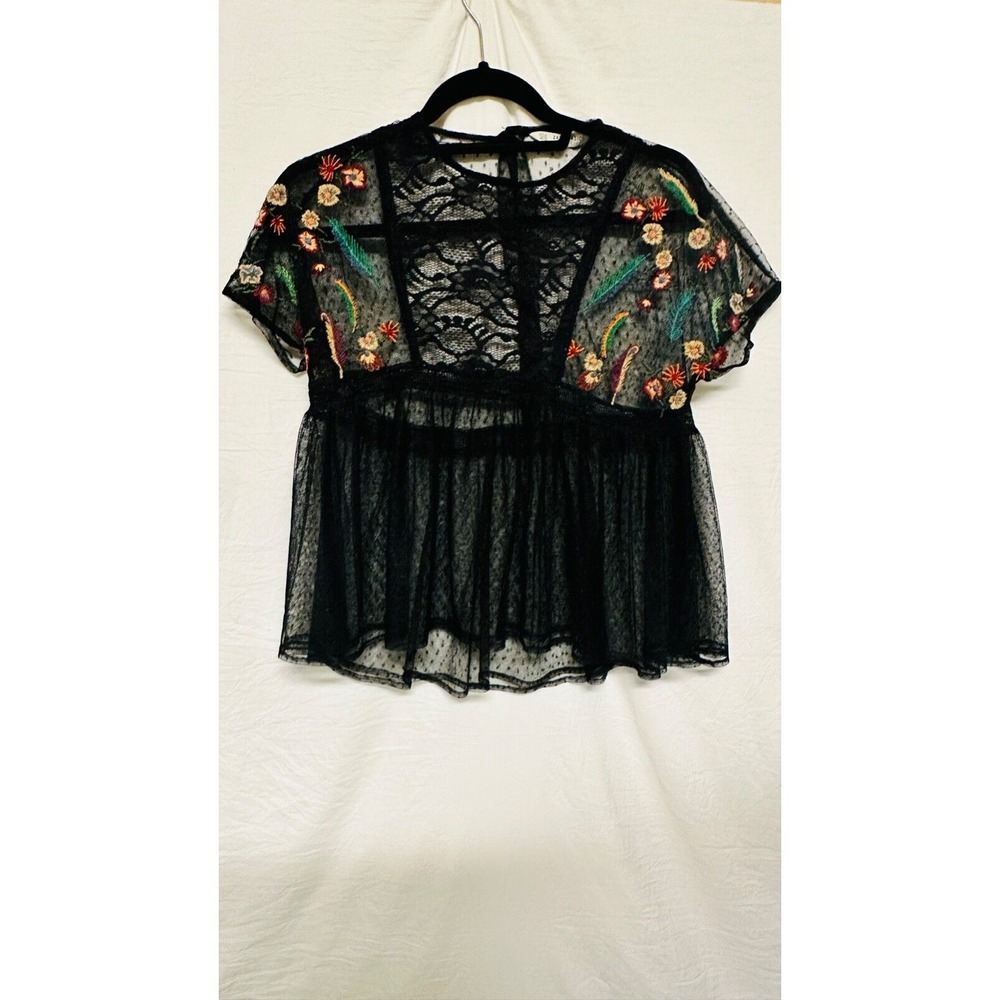 Zara Basic Collection Blouse Black Sheer See thru Lace Embroidery Size XS‎